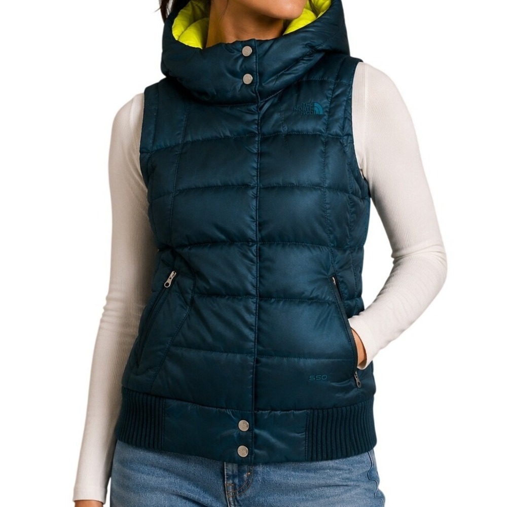 The North Face Dark Teal‎ Neon Yellow 550 Down Puffer Vest Women's XS
